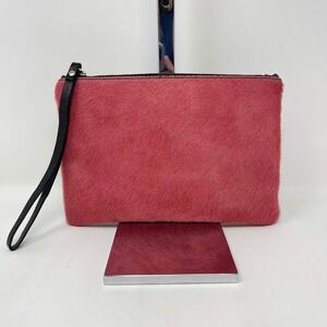 Calf Hair Clutch Pouch Rosewood Black Leather Wristlet Strap